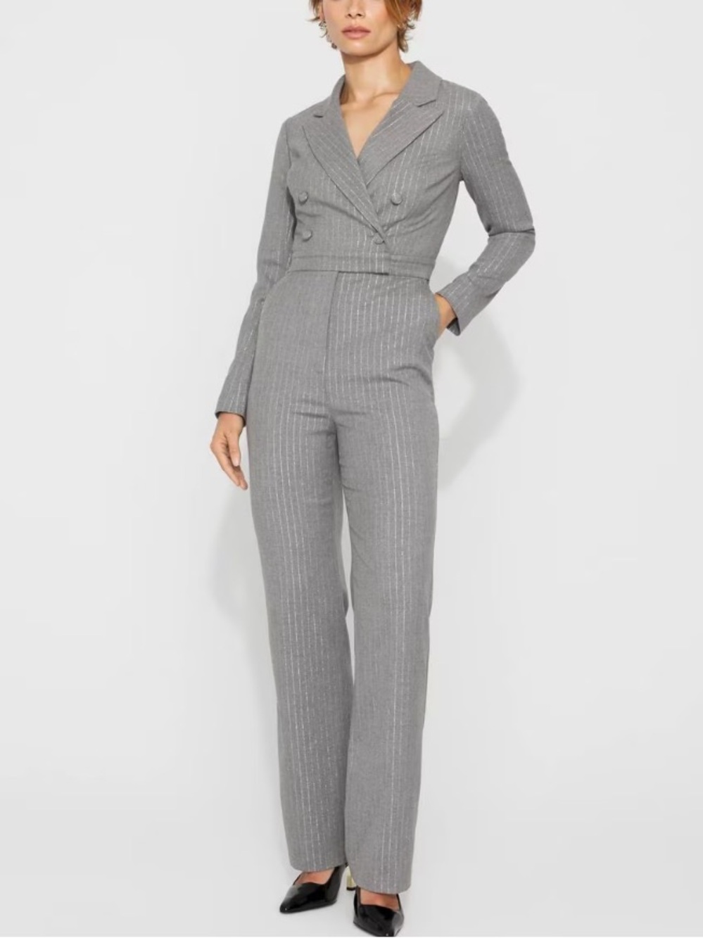 White House Black Market lurex Double-Breasted Pinstripe Jumpsuit Gray Sz 8 New
